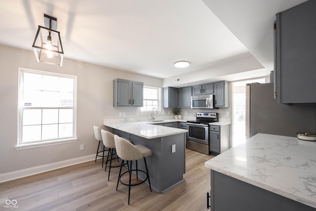 kitchen featuring a sink, stainless steel appliances, a peninsula, and gray cabinetry