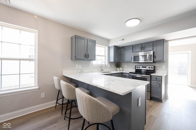 kitchen featuring visible vents, gray cabinetry, appliances with stainless steel finishes, a peninsula, and a sink