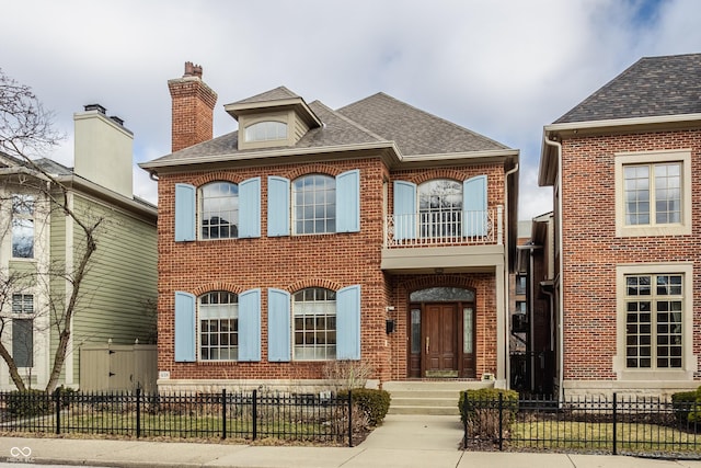 view of front of house featuring a fenced front yard, brick siding, and a shingled roof