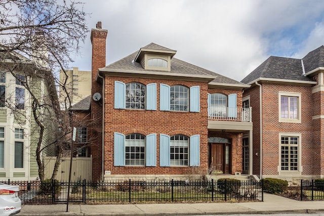 georgian-style home featuring a fenced front yard, brick siding, and roof with shingles