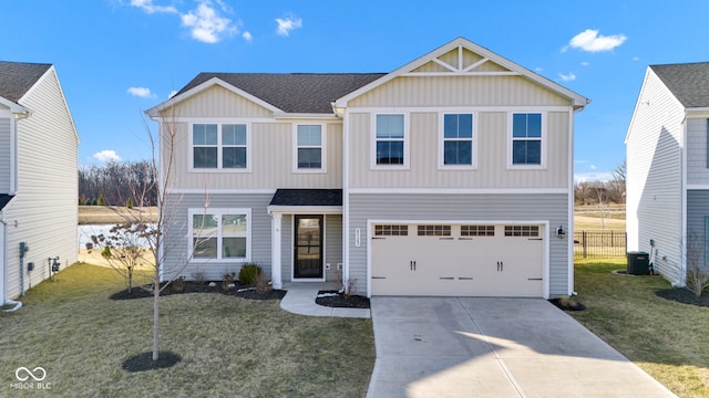 view of front of home with central AC unit, driveway, a garage, and roof with shingles