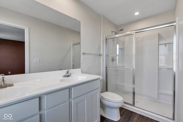 bathroom featuring a shower stall, wood finished floors, double vanity, and a sink