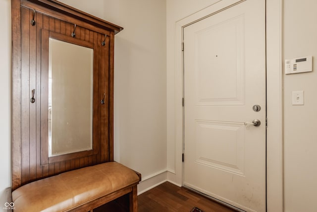 mudroom with baseboards and dark wood-type flooring