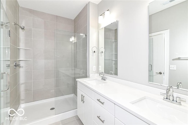 full bath with a sink, visible vents, and a shower stall