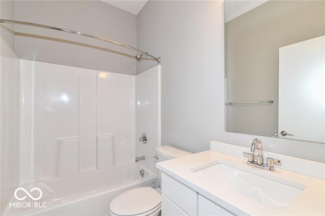 full bathroom featuring shower / tub combination, toilet, and vanity