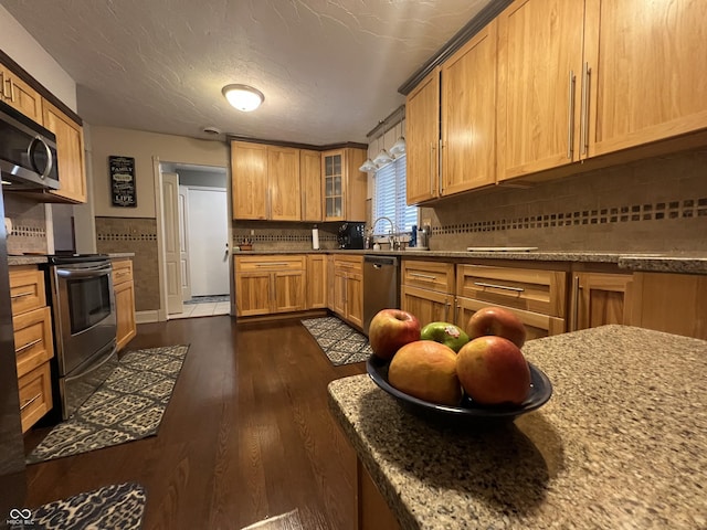 kitchen featuring a sink, glass insert cabinets, dark wood-style floors, appliances with stainless steel finishes, and decorative backsplash