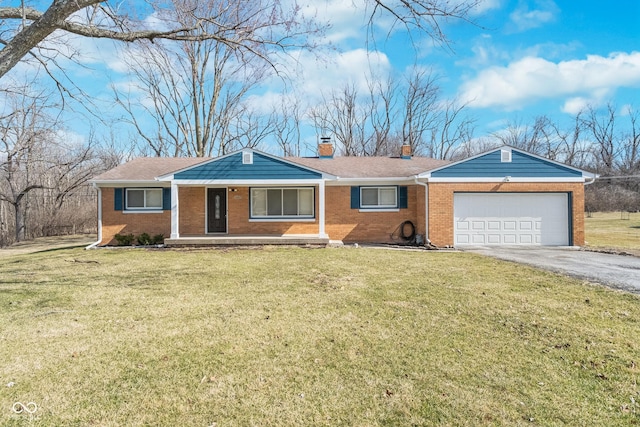 ranch-style house featuring aphalt driveway, a front lawn, brick siding, and a chimney