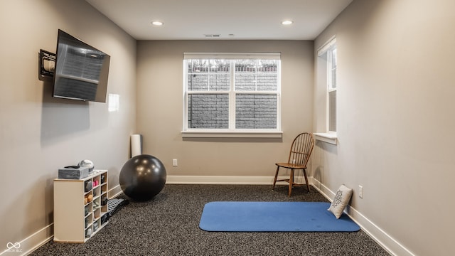 workout area with recessed lighting, baseboards, and carpet floors