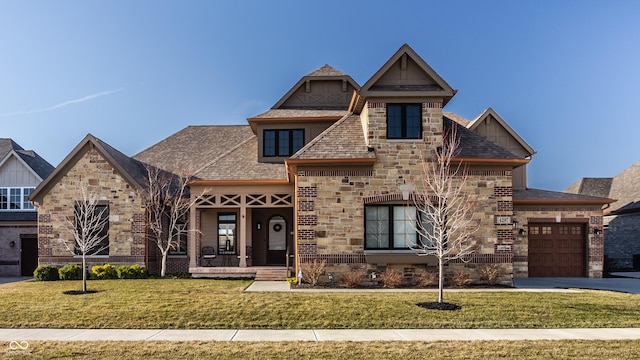 view of front of house featuring a shingled roof, a front lawn, driveway, stone siding, and an attached garage