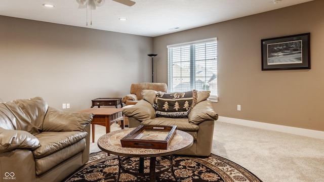 carpeted living room featuring recessed lighting, baseboards, and ceiling fan