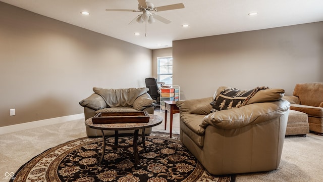 living room featuring recessed lighting, baseboards, carpet, and a ceiling fan