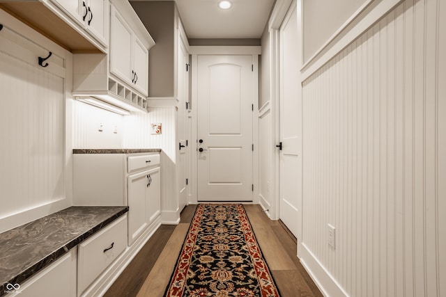 mudroom with recessed lighting and dark wood-style flooring