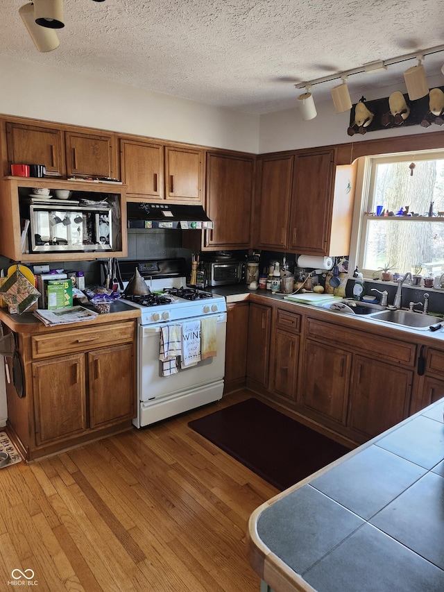 kitchen featuring light wood-style flooring, white gas stove, under cabinet range hood, stainless steel microwave, and a sink