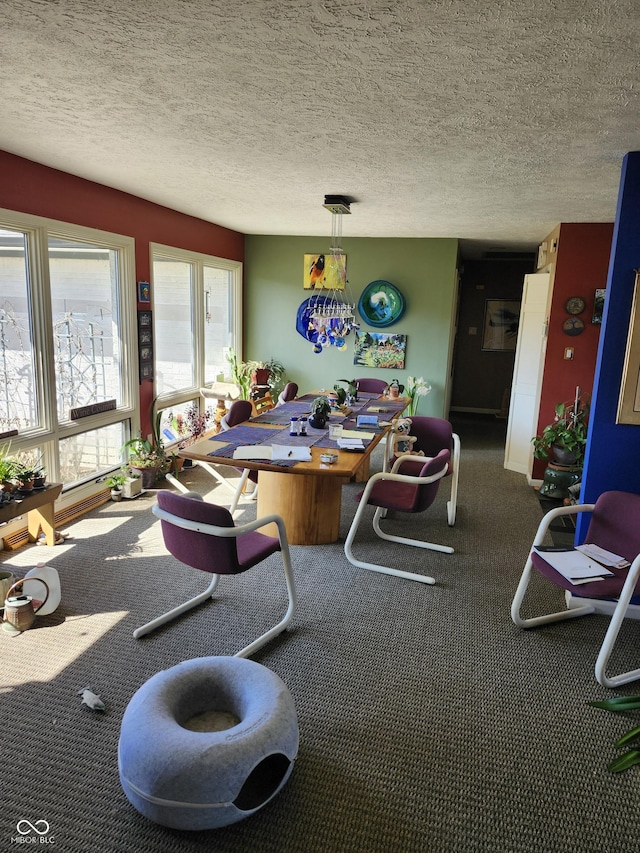 carpeted dining space with a textured ceiling