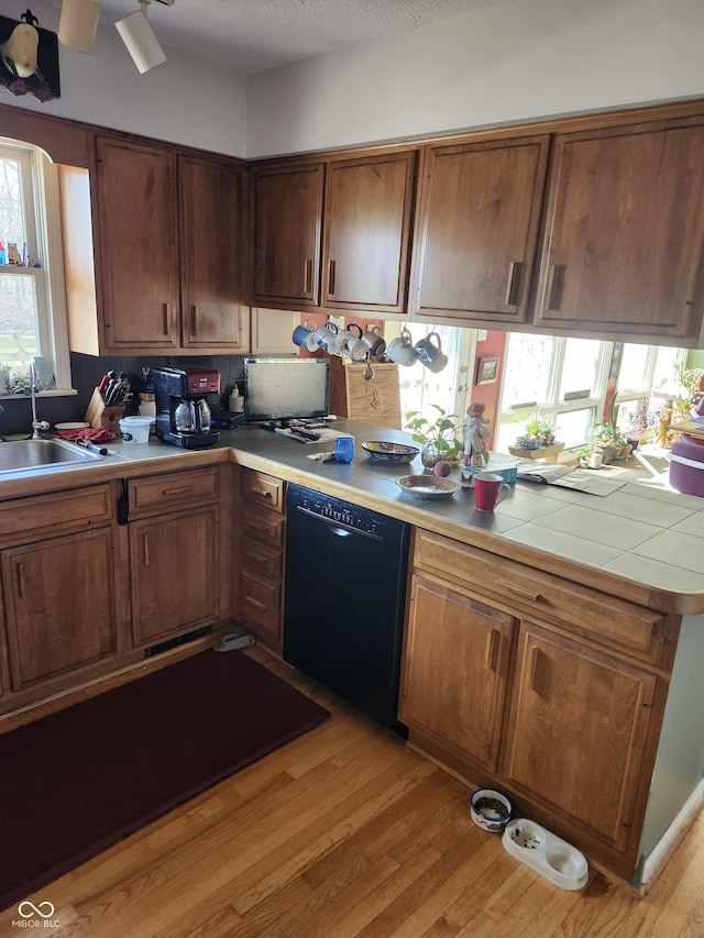 kitchen with light wood finished floors, tile countertops, black dishwasher, and a sink