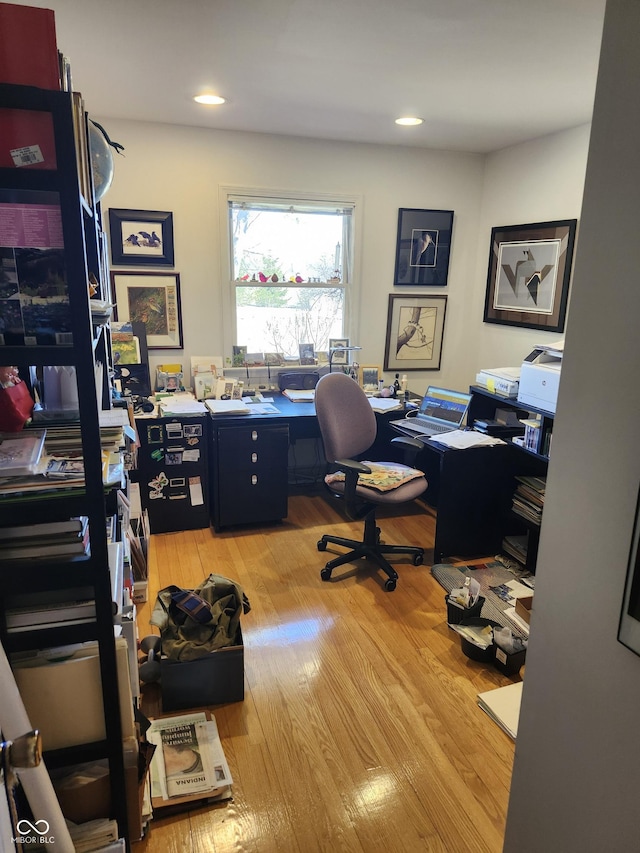 office area with recessed lighting and light wood-type flooring