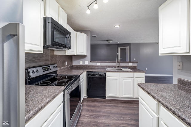 kitchen featuring a sink, black appliances, dark wood-type flooring, a textured ceiling, and white cabinetry