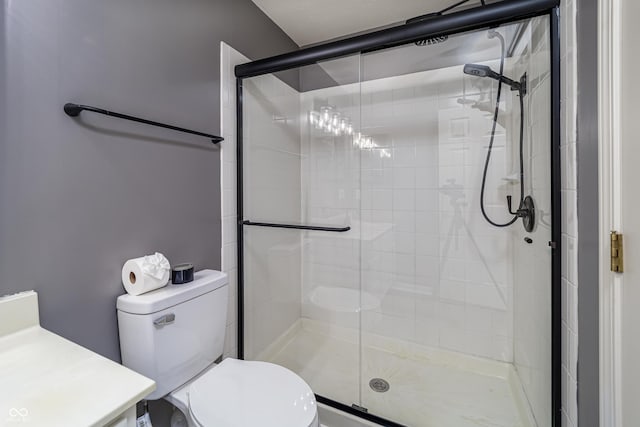 bathroom with a stall shower and toilet