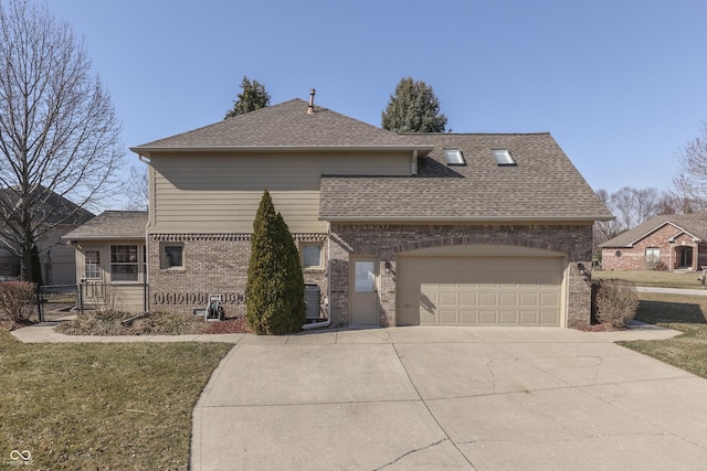 view of front of house with a garage, brick siding, driveway, and a shingled roof