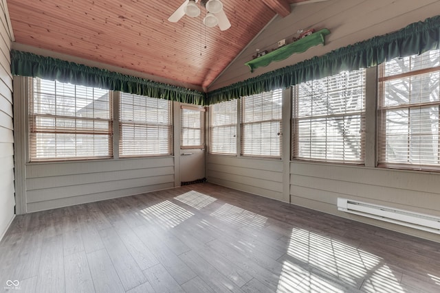 unfurnished sunroom with baseboard heating, wooden ceiling, lofted ceiling with beams, and ceiling fan