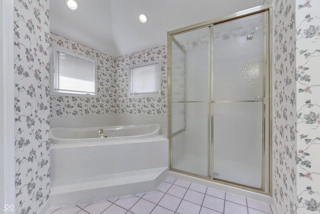 full bath featuring a garden tub, wallpapered walls, recessed lighting, a shower stall, and tile patterned floors