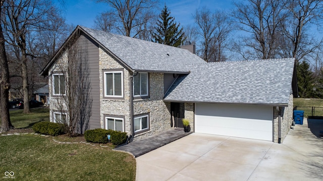 view of front of home featuring a shingled roof, a front lawn, a chimney, a garage, and stone siding