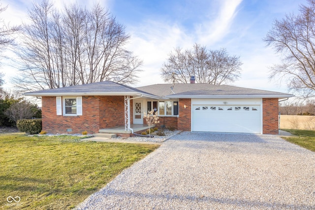 ranch-style house with driveway, a porch, an attached garage, a front yard, and brick siding