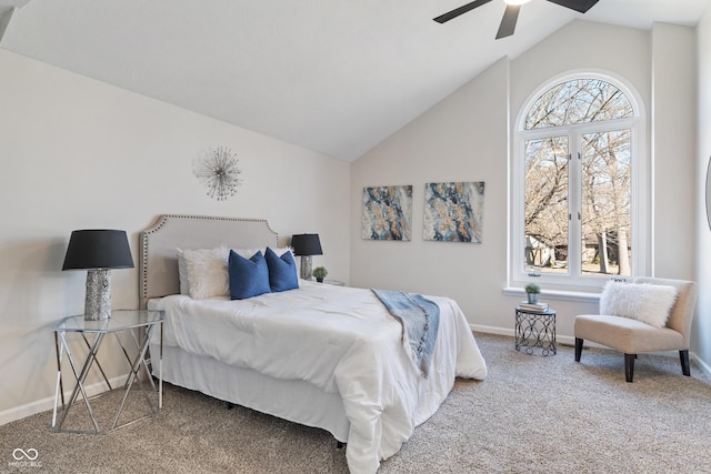 bedroom featuring lofted ceiling, multiple windows, carpet floors, and ceiling fan