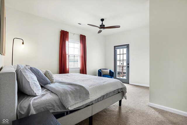 bedroom featuring visible vents, carpet flooring, a ceiling fan, and baseboards