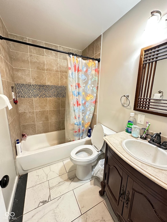 full bathroom with vanity, shower / bath combination with curtain, toilet, and marble finish floor