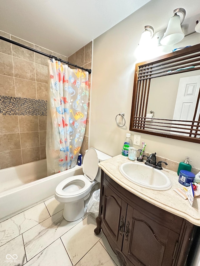 full bathroom with vanity, toilet, and shower / bath combo with shower curtain