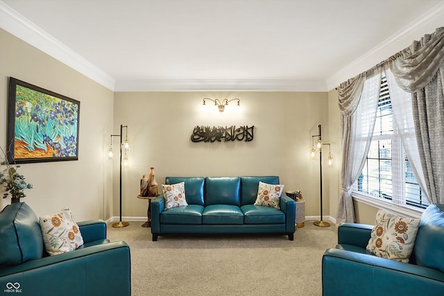 carpeted living area featuring crown molding and baseboards