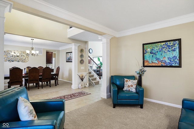 living area featuring ornamental molding, light tile patterned flooring, decorative columns, baseboards, and stairs