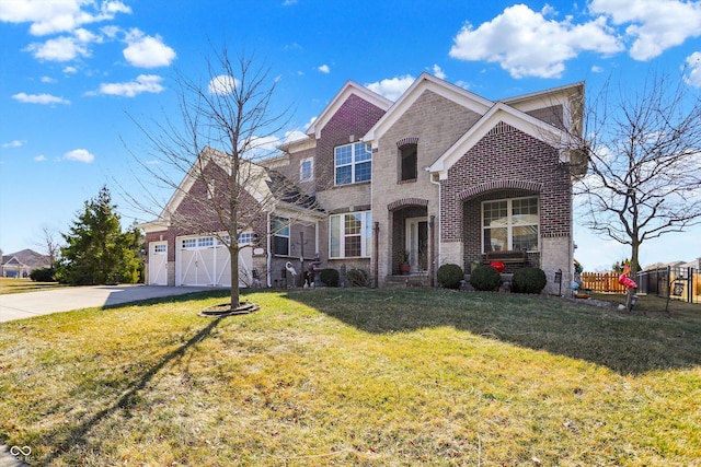 traditional-style home featuring a front yard, fence, an attached garage, concrete driveway, and brick siding