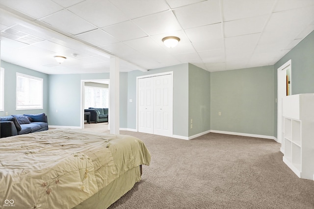 carpeted bedroom with a closet, visible vents, a paneled ceiling, and baseboards