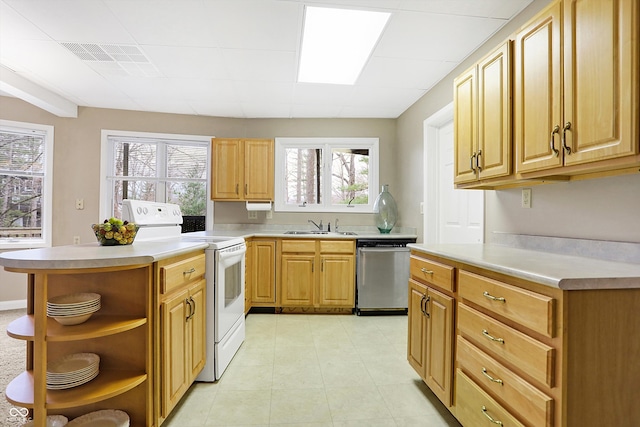 kitchen with open shelves, white electric range, stainless steel dishwasher, and light countertops