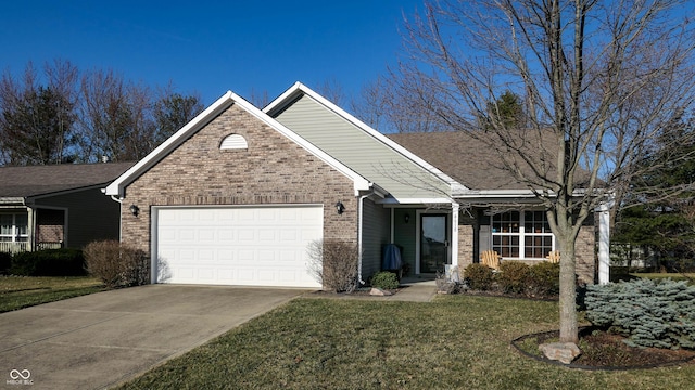 ranch-style house featuring a front yard, an attached garage, brick siding, and concrete driveway