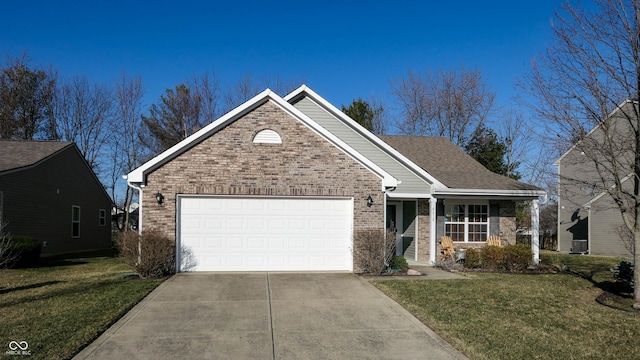 view of front of home featuring concrete driveway, a garage, brick siding, and a front lawn