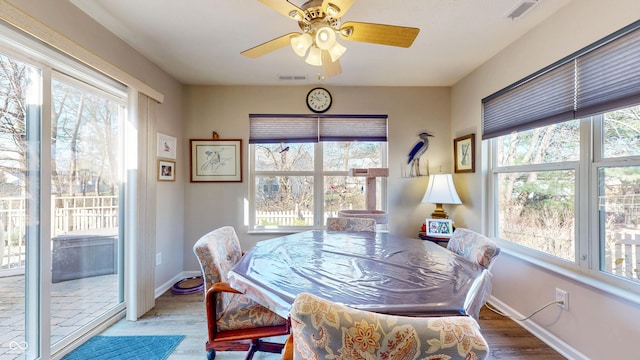 dining area with visible vents, baseboards, and wood finished floors