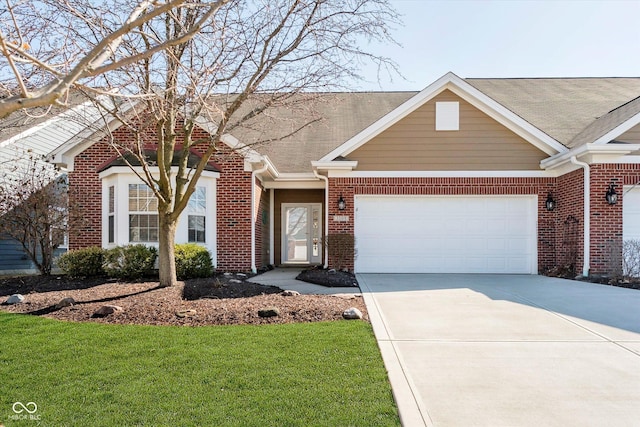 ranch-style house featuring brick siding, an attached garage, driveway, and a front yard