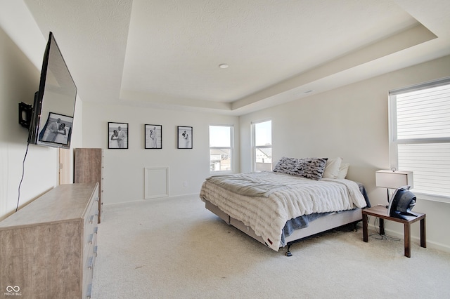 bedroom with light colored carpet, a textured ceiling, and a raised ceiling