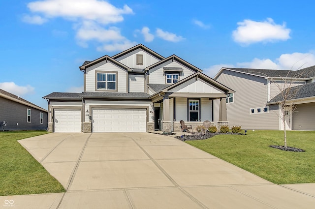 craftsman inspired home with a porch, concrete driveway, a front lawn, and a garage