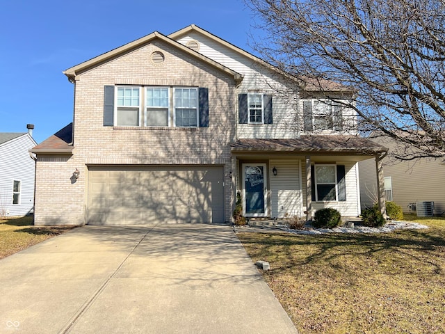 view of front of property featuring a front yard, cooling unit, an attached garage, concrete driveway, and brick siding