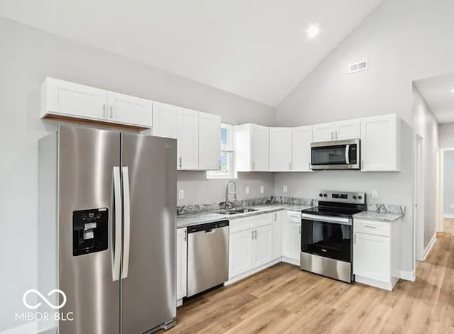 kitchen featuring white cabinets, appliances with stainless steel finishes, and a sink