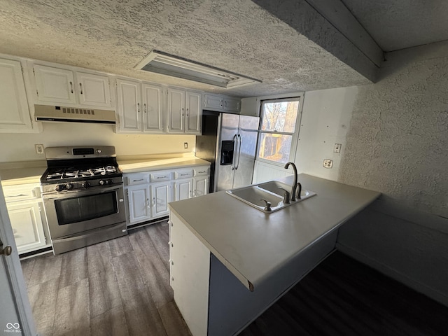 kitchen featuring under cabinet range hood, a textured wall, dark wood-style floors, stainless steel appliances, and a sink