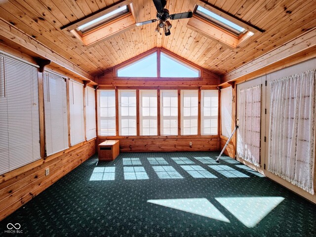 4109 E Epler Ave, Indianapolis, IN 46237 - unfurnished sunroom with vaulted ceiling with skylight, wooden ceiling, and a ceiling fan