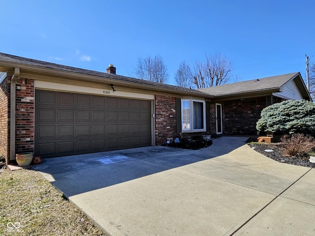 4109 E Epler Ave, Indianapolis, IN 46237 - ranch-style house featuring concrete driveway, a garage, brick siding, and a chimney