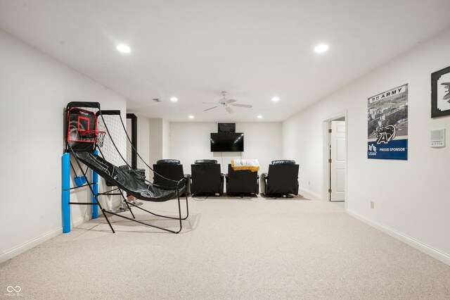 sitting room with recessed lighting, baseboards, carpet floors, and ceiling fan