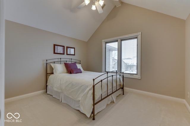 bedroom with lofted ceiling with beams, baseboards, carpet, and a ceiling fan