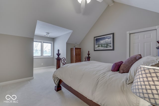 carpeted bedroom featuring ceiling fan, vaulted ceiling with beams, and baseboards